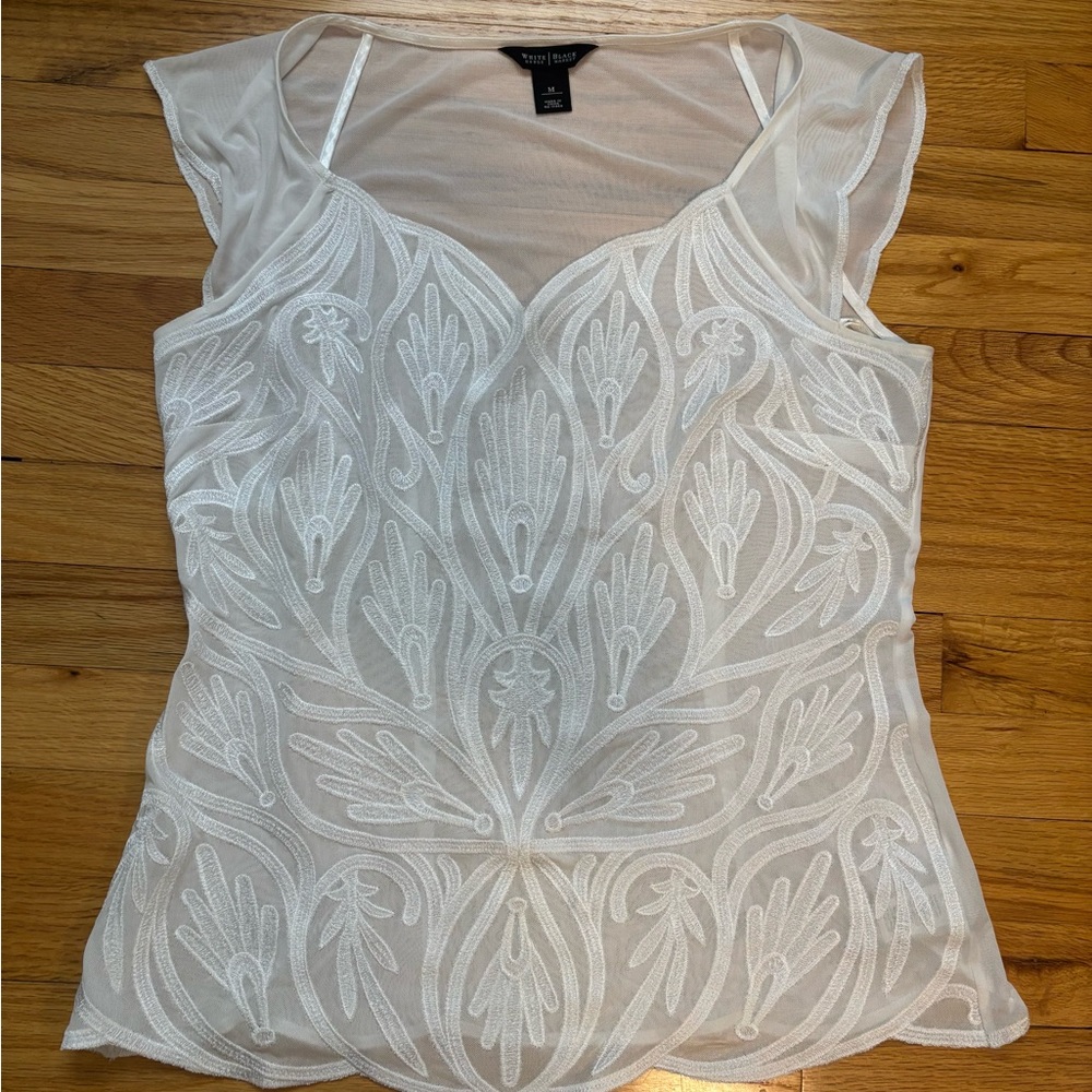 White House Black Market Sheer White Embroidered Blouse